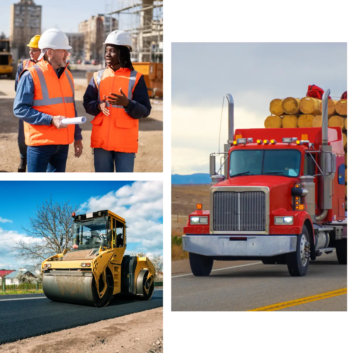 Construction workers, machinery, and a truck at a roadwork site.